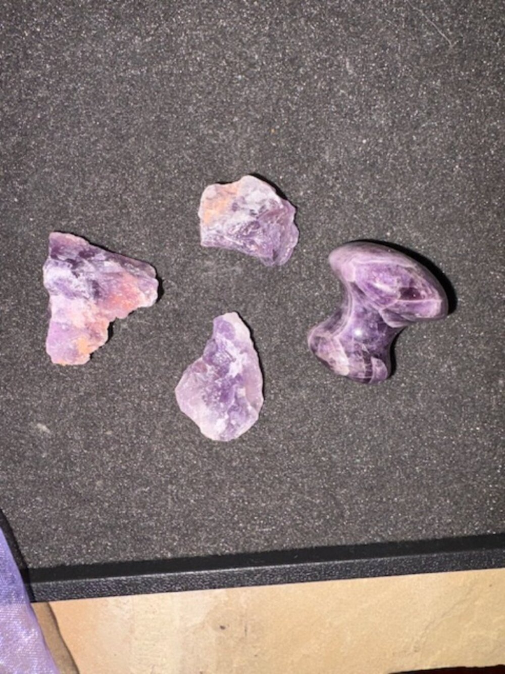 Lot of Raw Amethyst Crystals and Polished Smooth Amethyst Gua Sha Tool Gift Bag